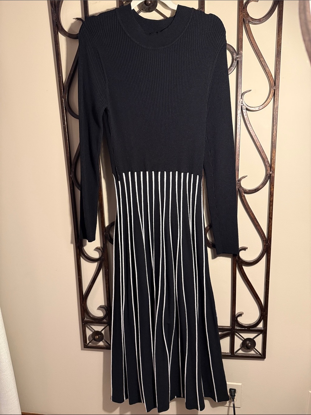 Black Knit Long-Sleeve Dress with White Stripe Skirt
